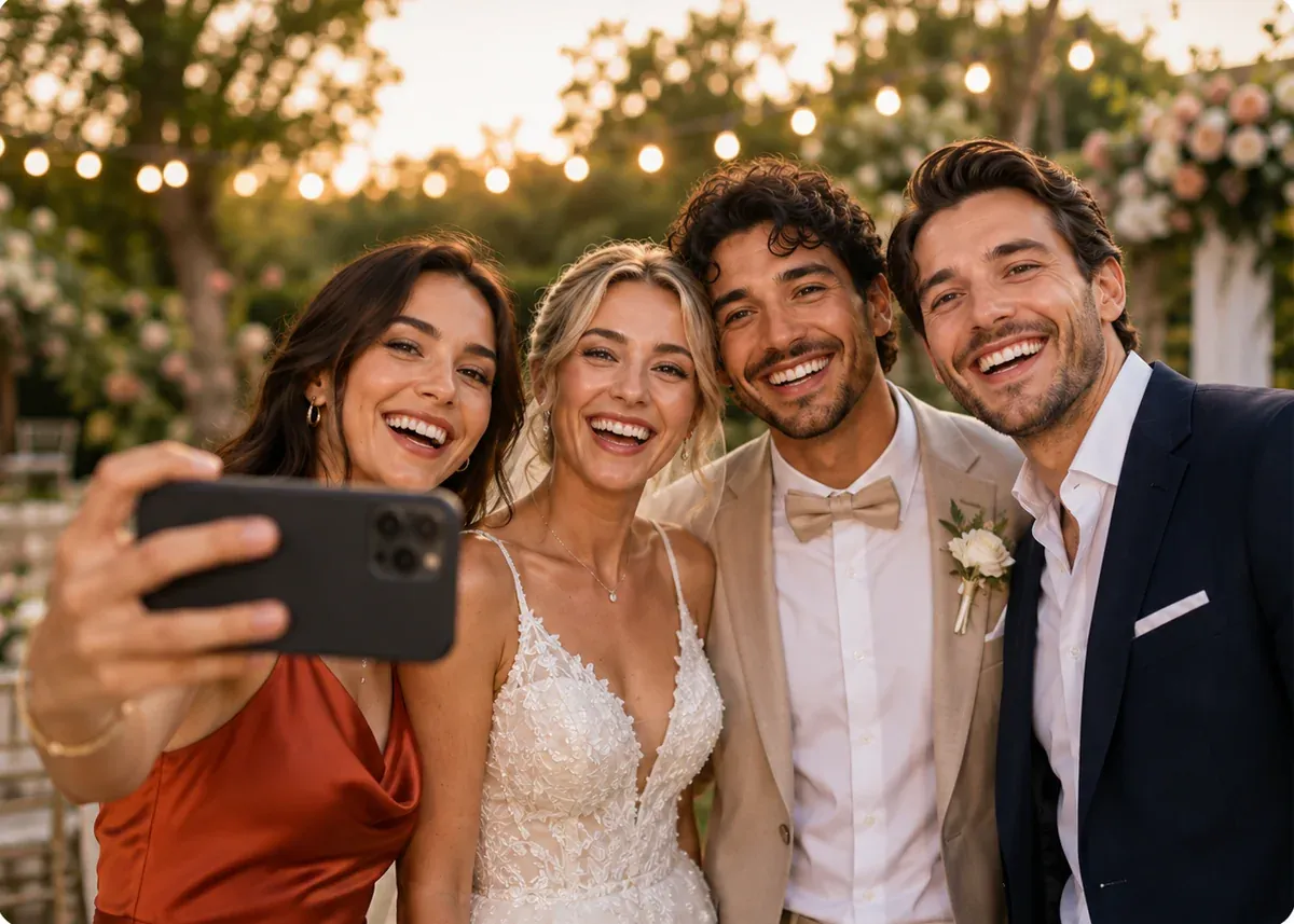 Gün batımında gelin, damat ve iki davetlinin telefonla birlikte çektiği selfie